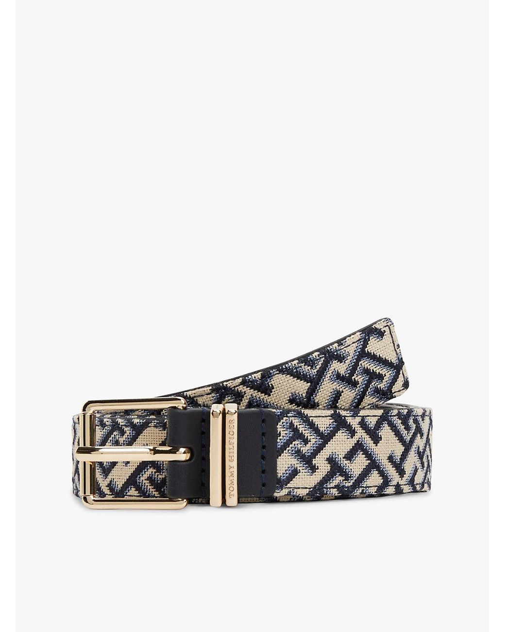Tommy Hilfiger White Jacquard Double Keeper Square Buckle Belt