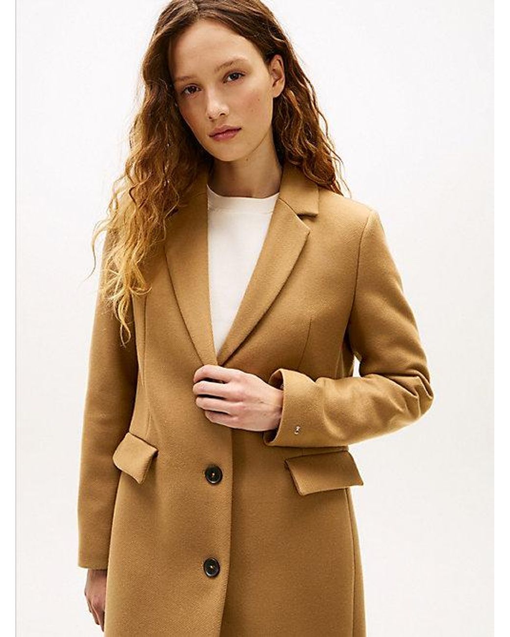 Tommy Hilfiger Natural Wool Blend Longline Coat With Cashmere