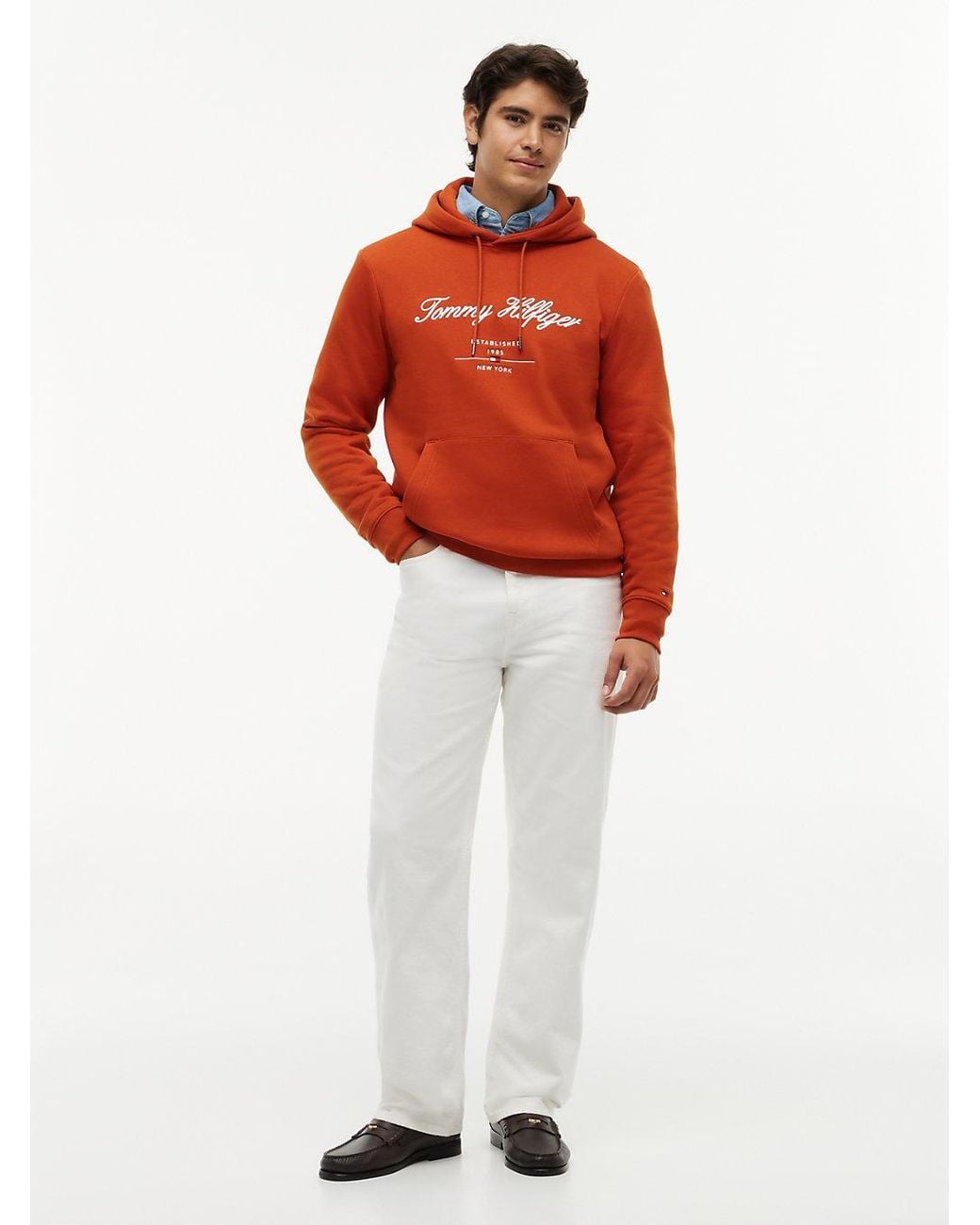 Tommy Hilfiger Orange Logo Embroidery Fleece Hoody for men