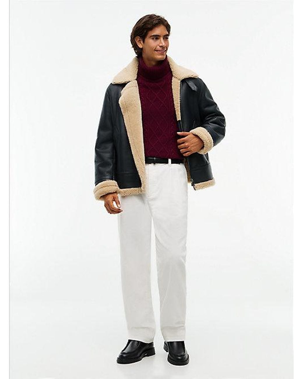 Tommy Hilfiger Black New York Label Shearling Leather Aviator Jacket for men