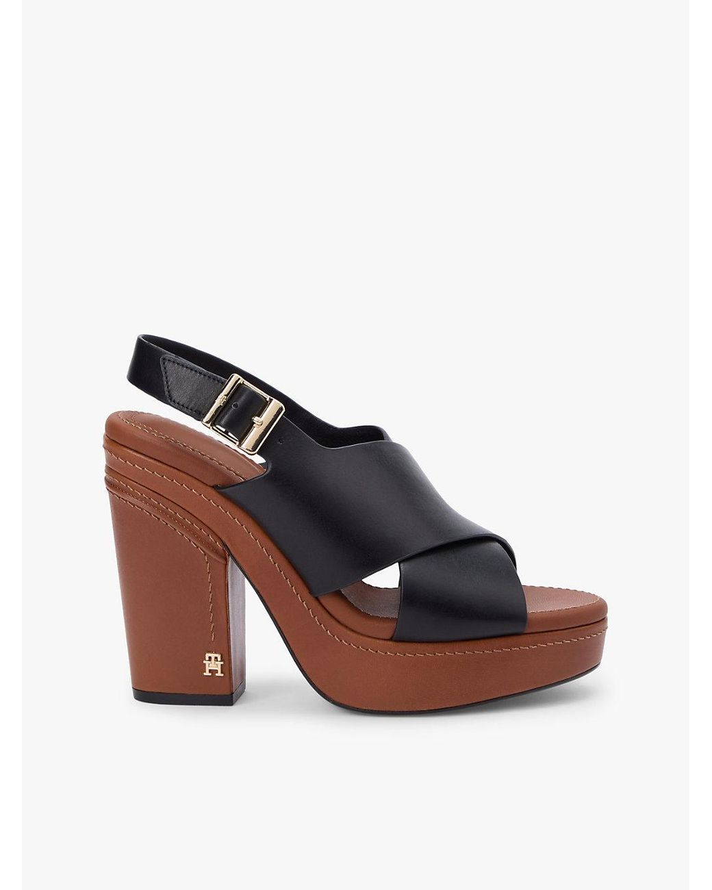 Tommy Hilfiger Black Leather Crossover Strap Block Heel Sandals