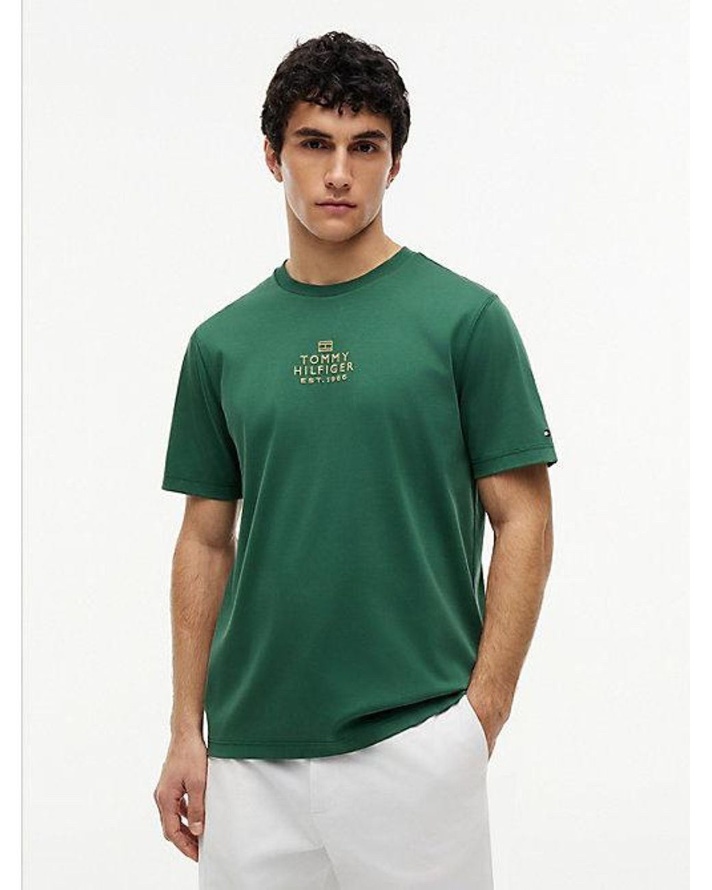 Tommy Hilfiger Green Tonal Logo Embroidery Interlock Knit T-Shirt for men