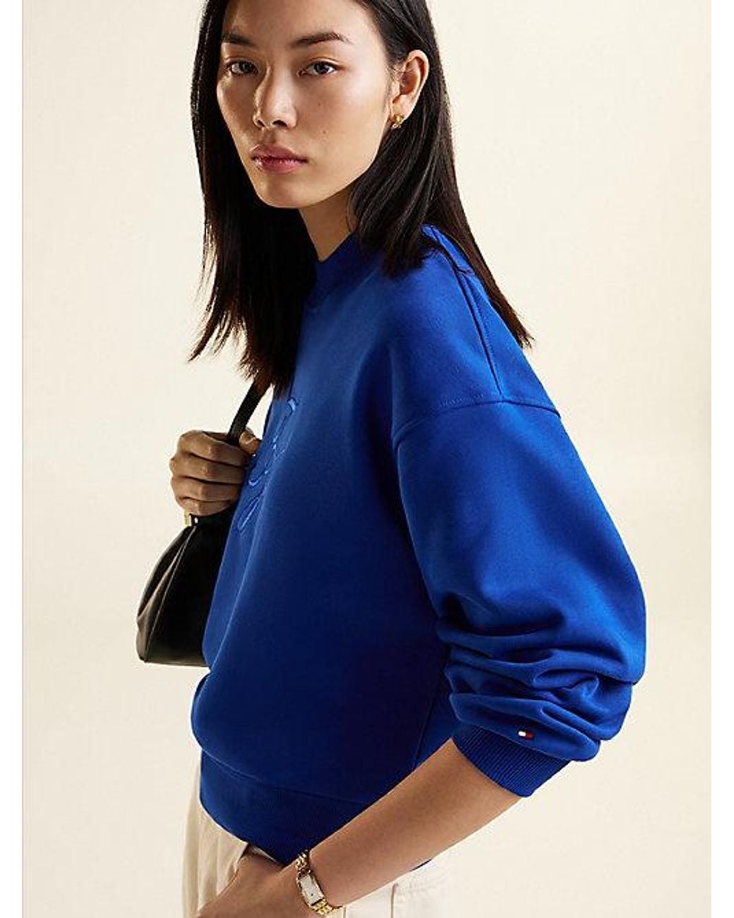 Tommy Hilfiger Blue Tonal Logo Terry Mock Neck Sweatshirt