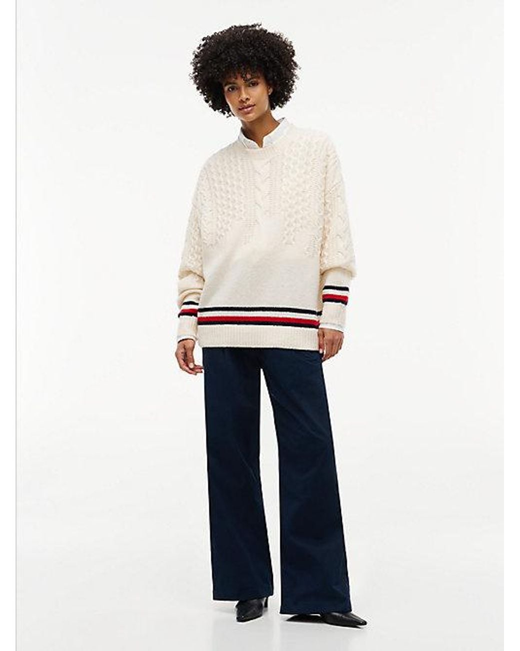 Tommy Hilfiger White Tommy Jeans Pure Wool Cable Knit Oversized Jumper