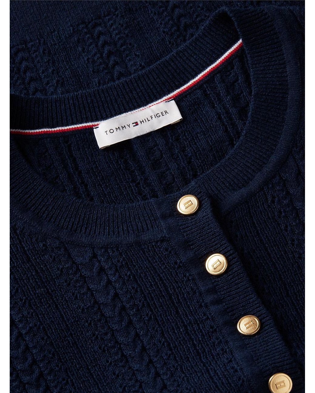 Tommy Hilfiger Blue Pointelle-Tone Button Henley Neck Jumper