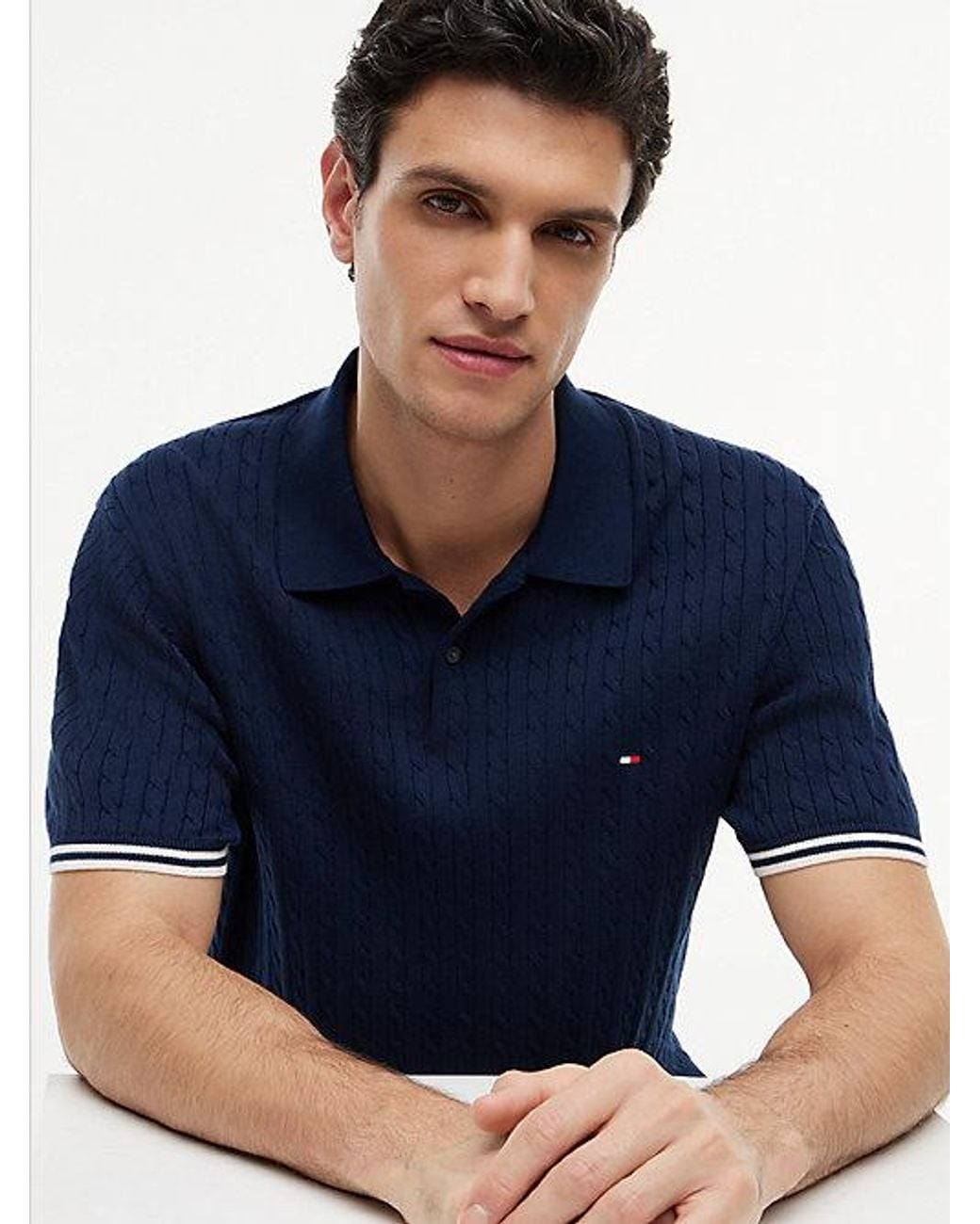 Tommy Hilfiger Blue Cable Knit Short Sleeve Polo Jumper for men