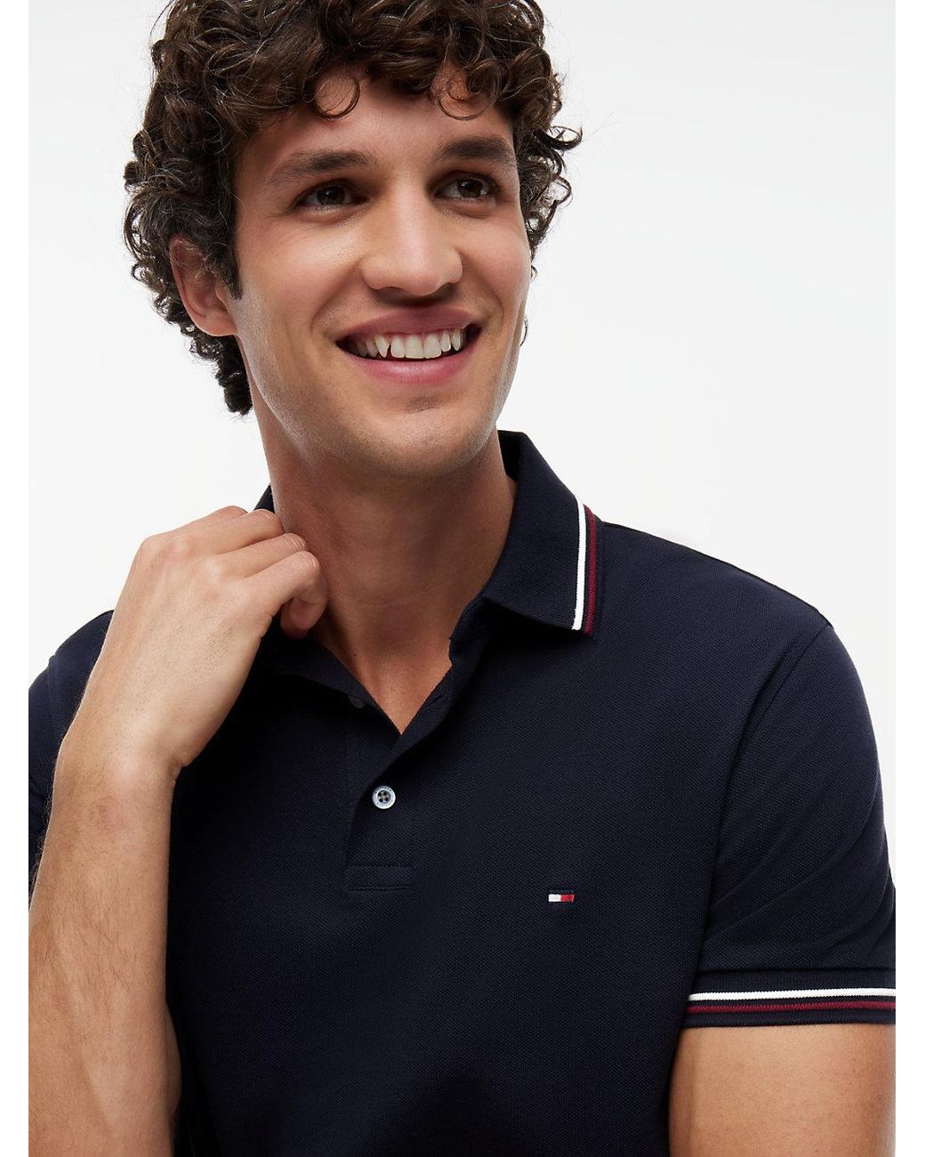 Tommy Hilfiger Blue Short Sleeve Casual Polo Shirts In Slim Fit With Stretch And Cuff Designs for men