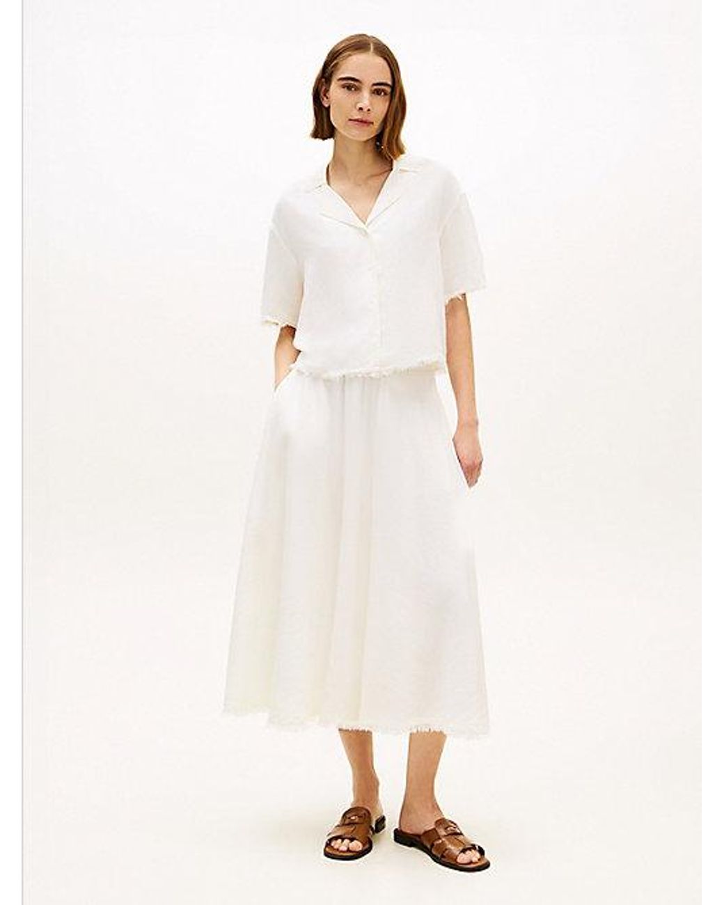 Tommy Hilfiger White Relaxed Fit Frayed Linen Blend Shirt