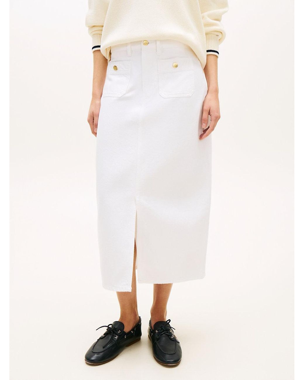 Tommy Hilfiger White Tone Button Denim Midi Skirt