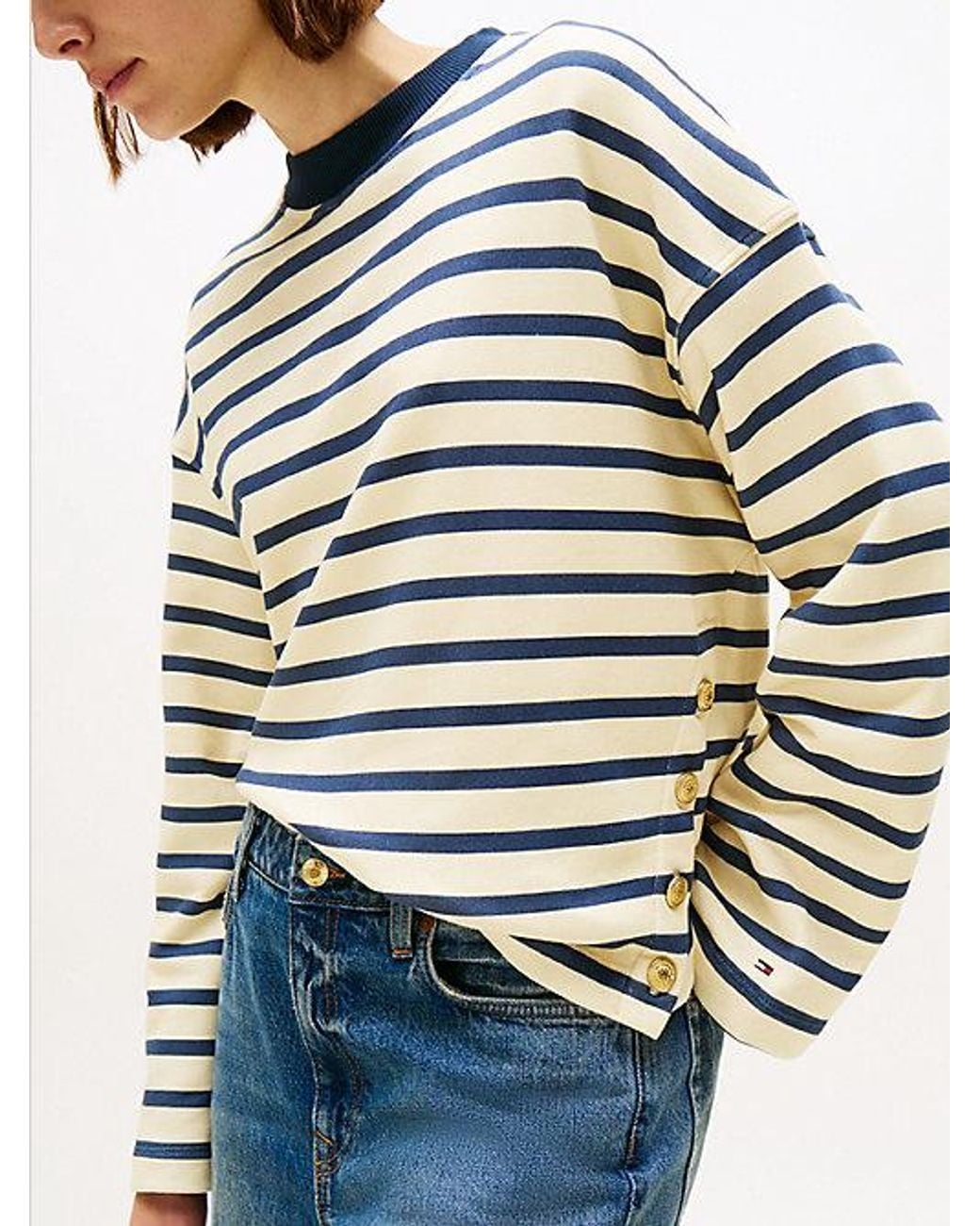 Tommy Hilfiger Blue Gold-tone Button Stripe Sweatshirt