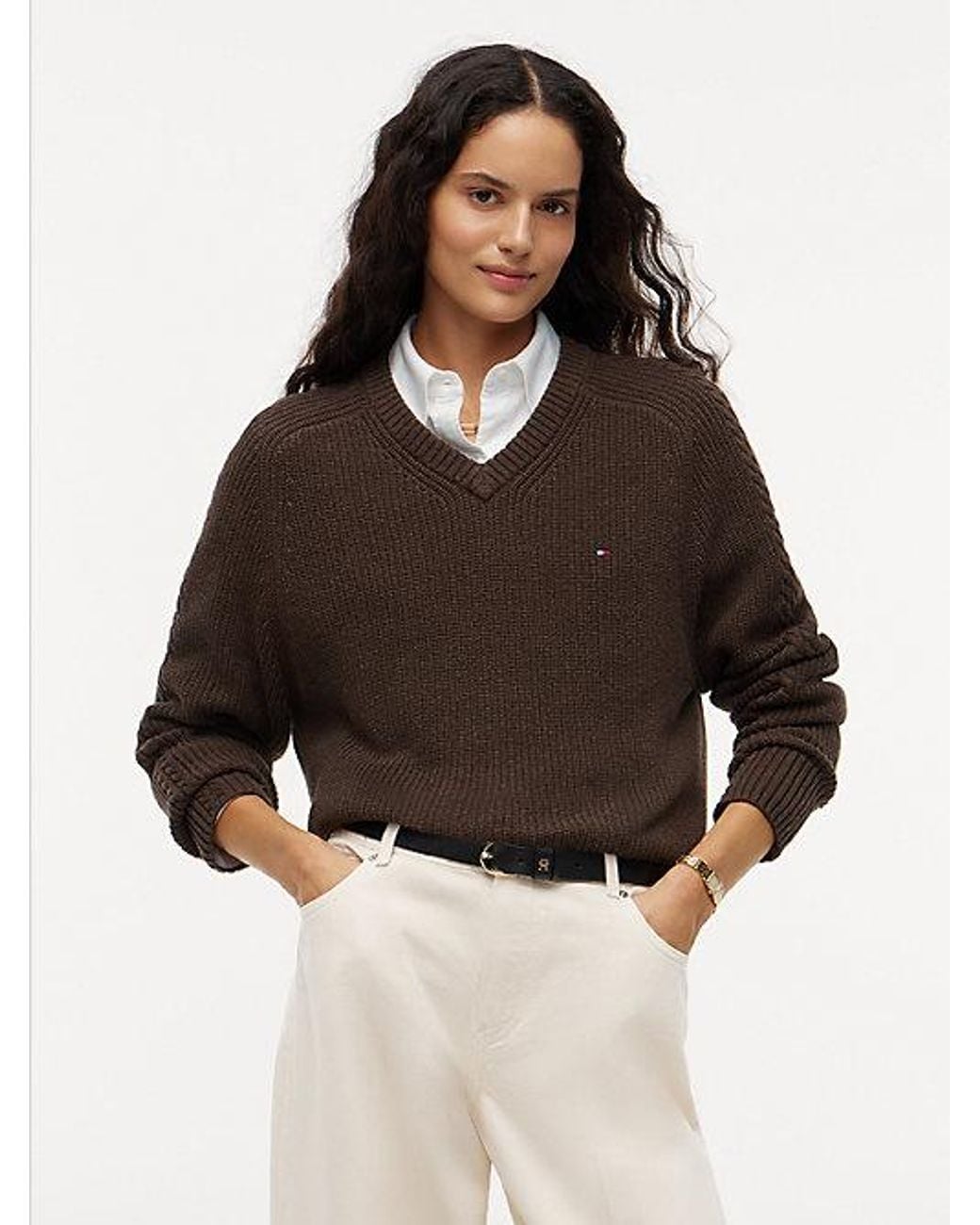 Tommy Hilfiger Brown Cardigan Stitch Relaxed V Neck Jumper