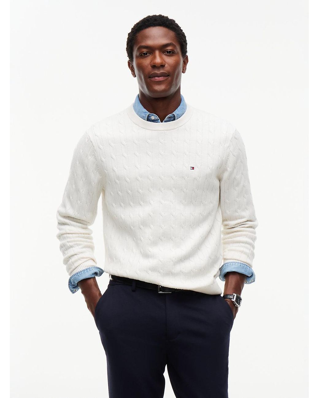 Tommy Hilfiger White Cable Knit Crew Neck Jumper for men