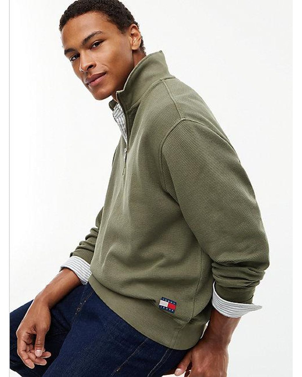 Tommy Hilfiger Green Tommy Jeans Waffle Knit Relaxed Quarter Zip Sweatshirt for men