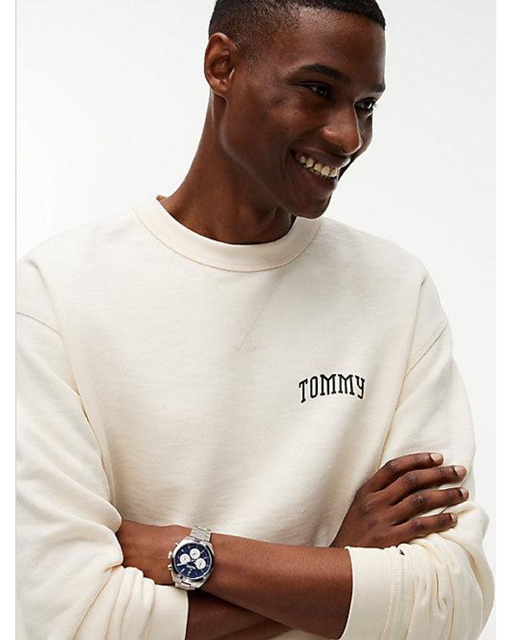 Tommy Hilfiger White Logo Relaxed Crew Neck Sweatshirt for men