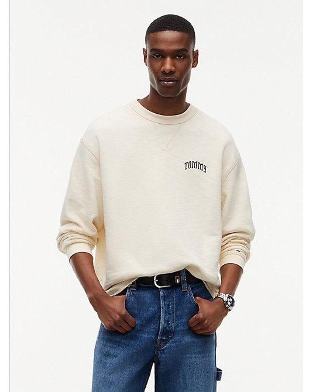 Tommy Hilfiger White Logo Relaxed Crew Neck Sweatshirt for men