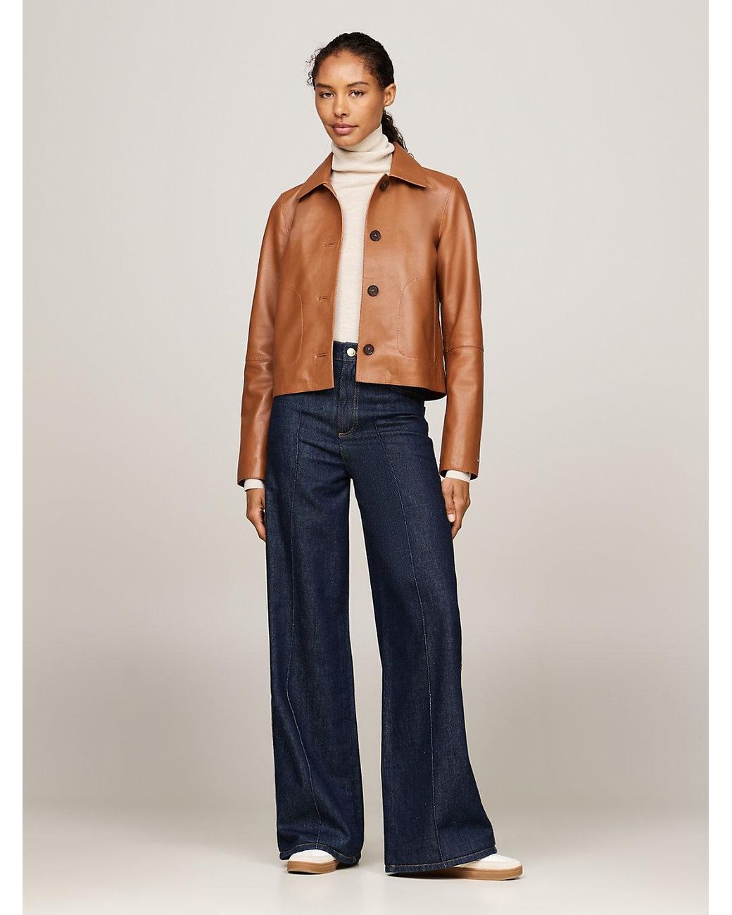 Veste Ajustee Courte En Cuir Tommy Hilfiger en coloris Bleu Lyst