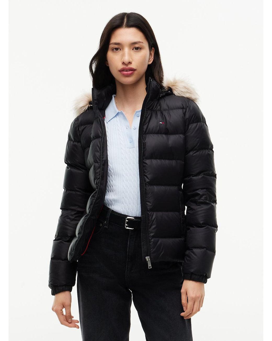 Tommy Hilfiger Black Faux Fur Hood Slim Down Jacket