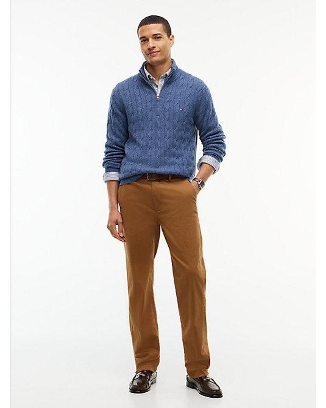 Tommy Hilfiger Blue Pure Lambswool Cable Knit Quarter Zip Jumper for men