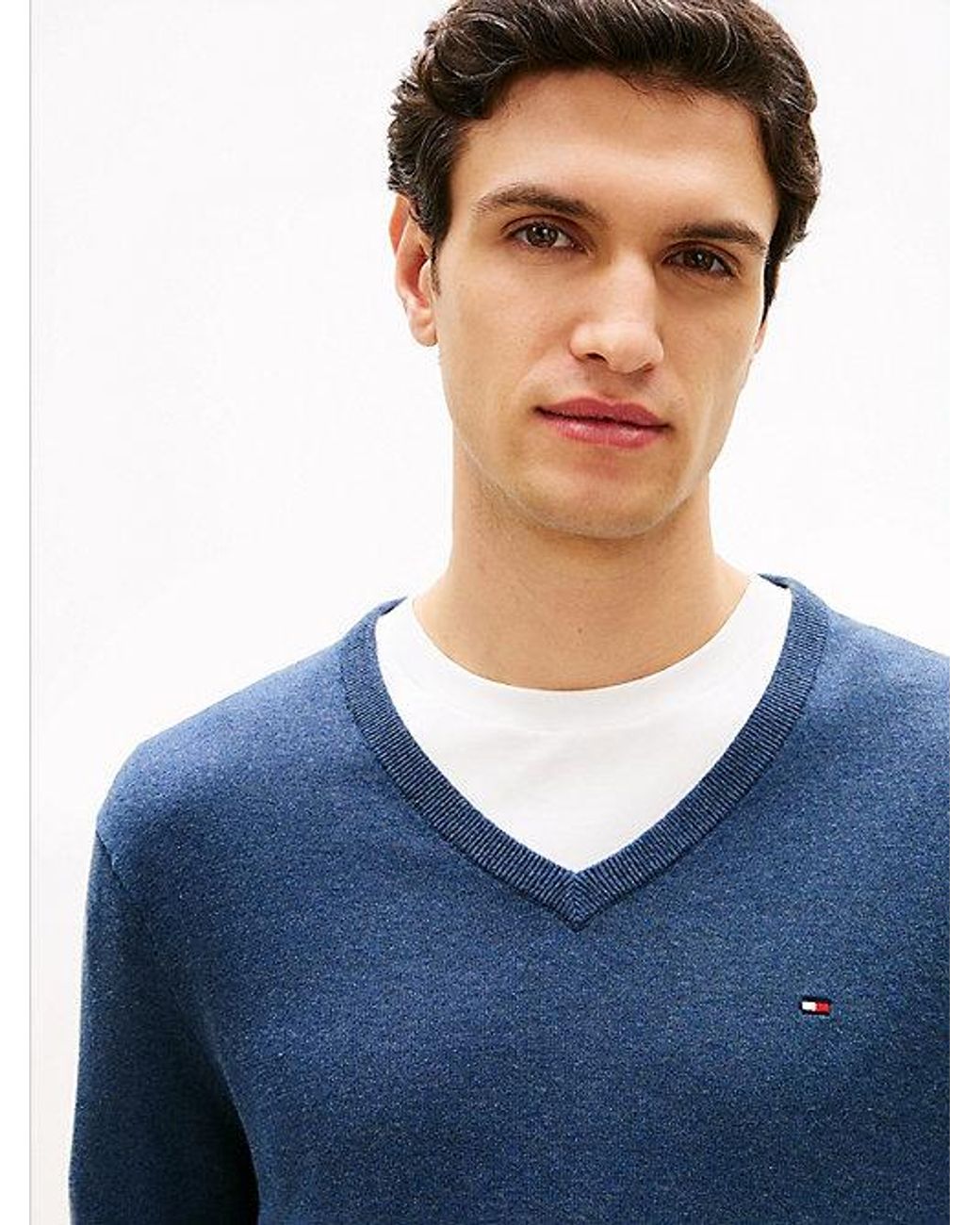 Tommy Hilfiger Blue Flag Embroidery V-Neck Jumper for men