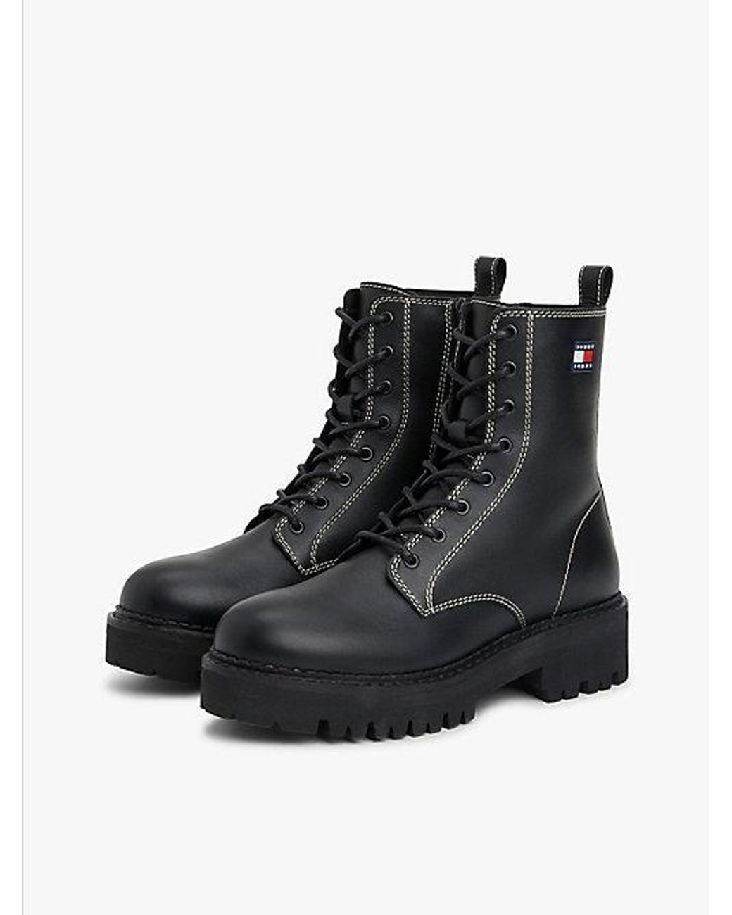 Tommy Hilfiger Black Leather Lace-up Cleat Mid Boots