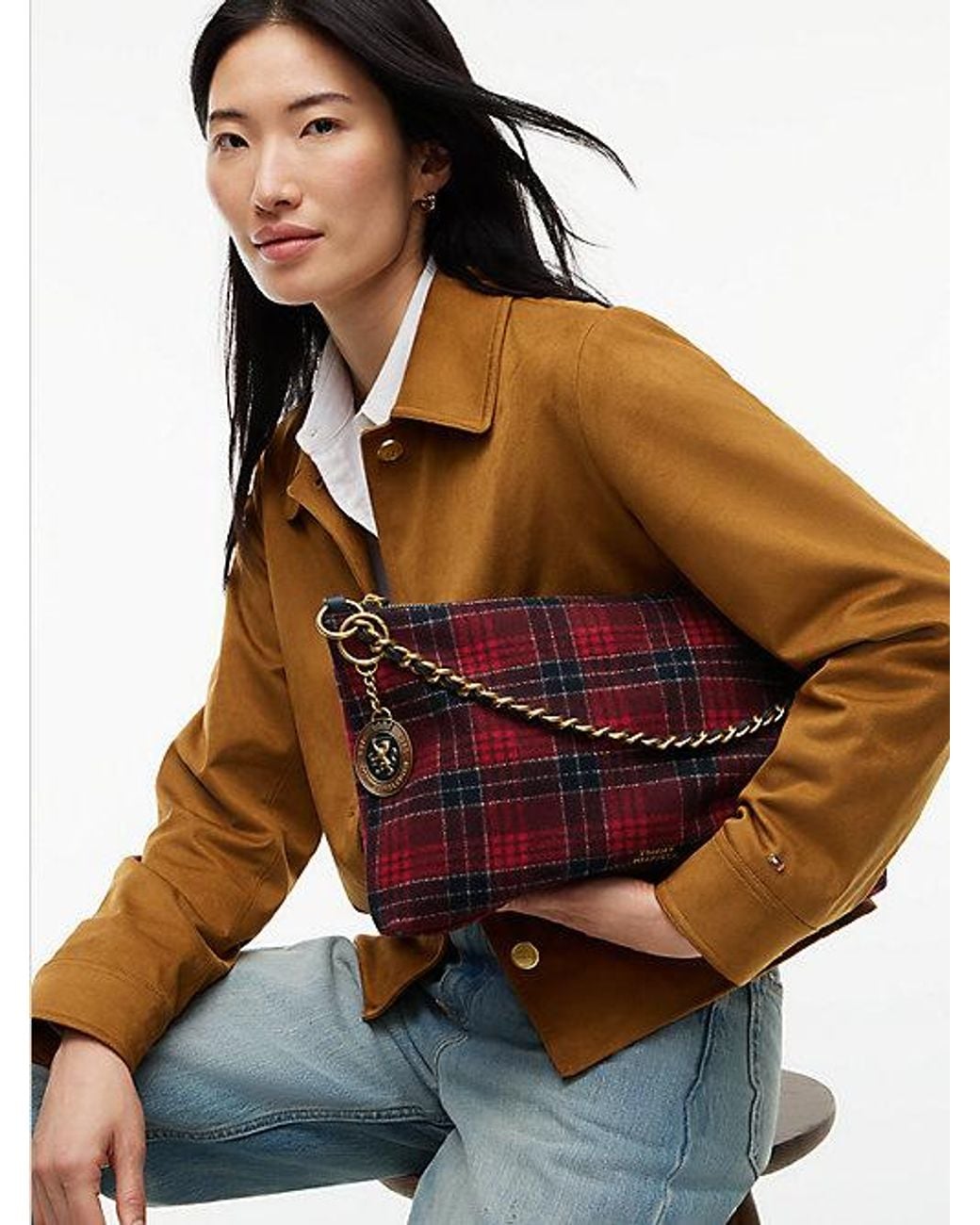 Tommy Hilfiger Red Wool Blend Check Chain Shoulder Bag