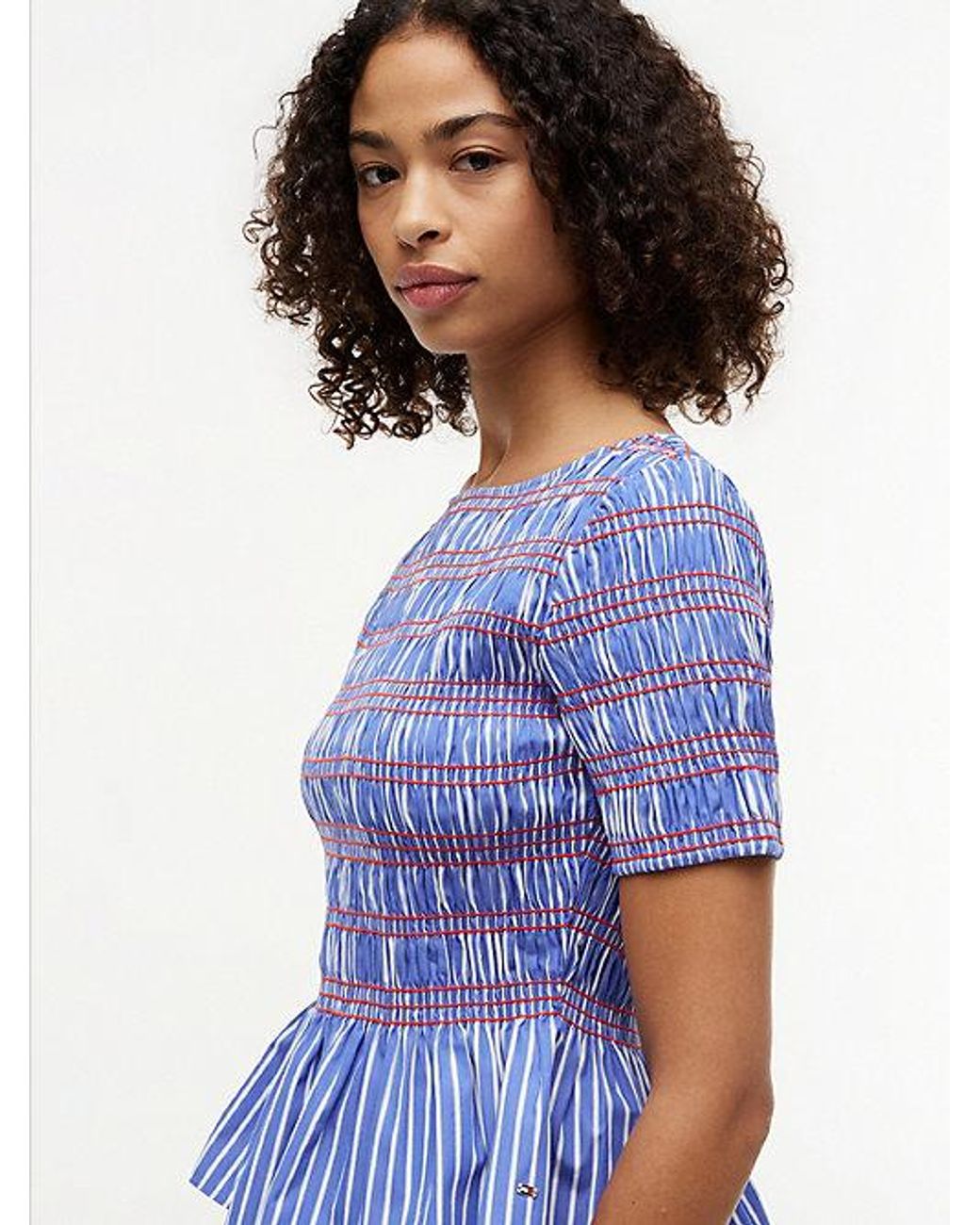 Tommy Hilfiger Blue Smock Stripe Ruffle Boat Neck Top