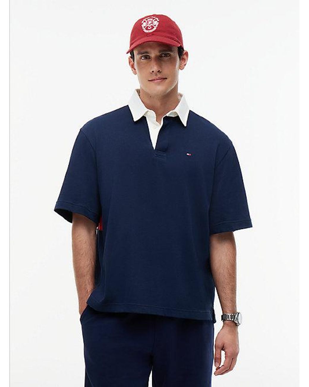 Tommy Hilfiger Blue Colour-blocked Back Logo Relaxed Polo Shirt for men
