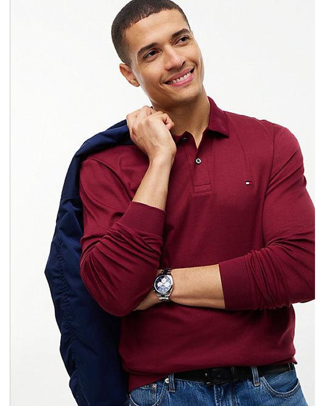 Tommy Hilfiger Red Fluid Cotton Long Sleeve Polo Shirt for men