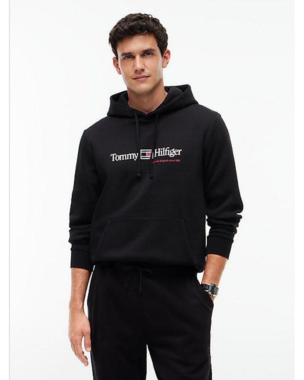 Tommy Hilfiger Black Logo Fleece Drawstring Hoody for men