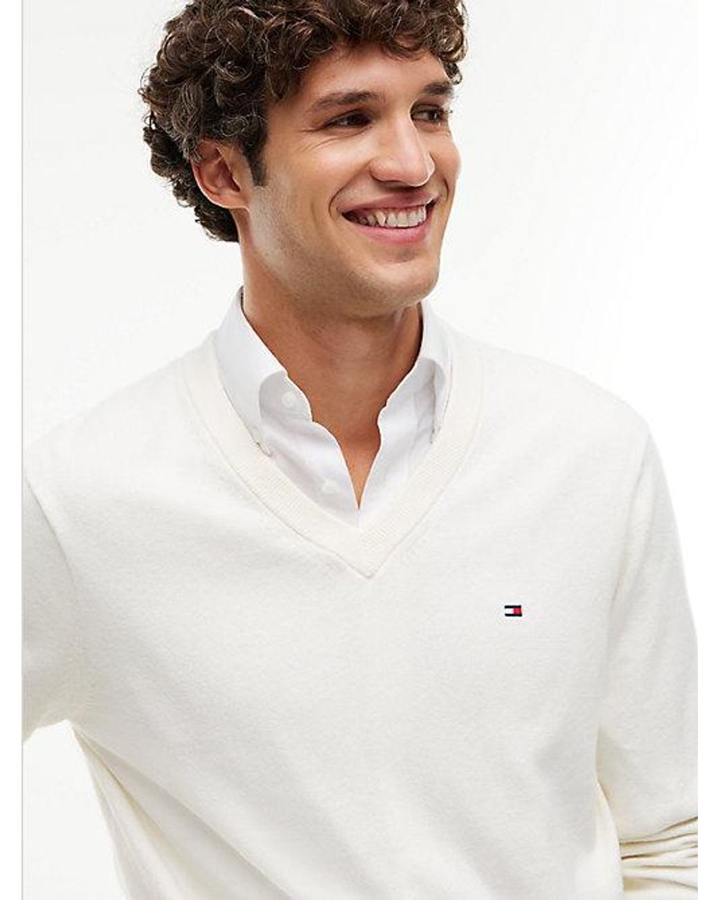 Tommy Hilfiger White V Neck Jumper With Cashmere for men