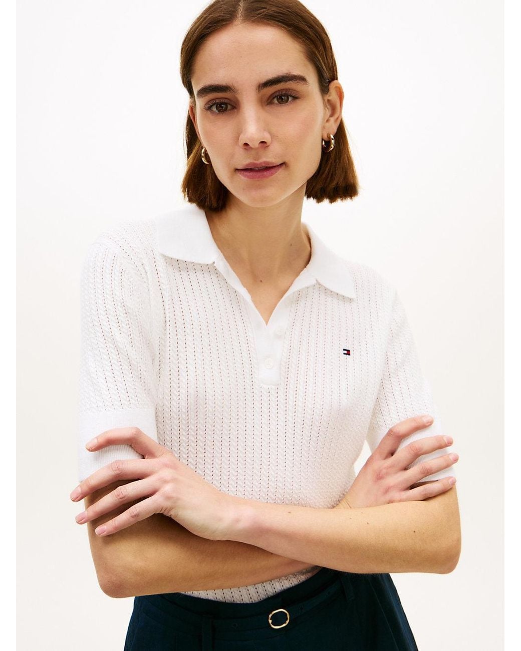 Tommy Hilfiger White Pointelle Short Sleeve Polo Jumper