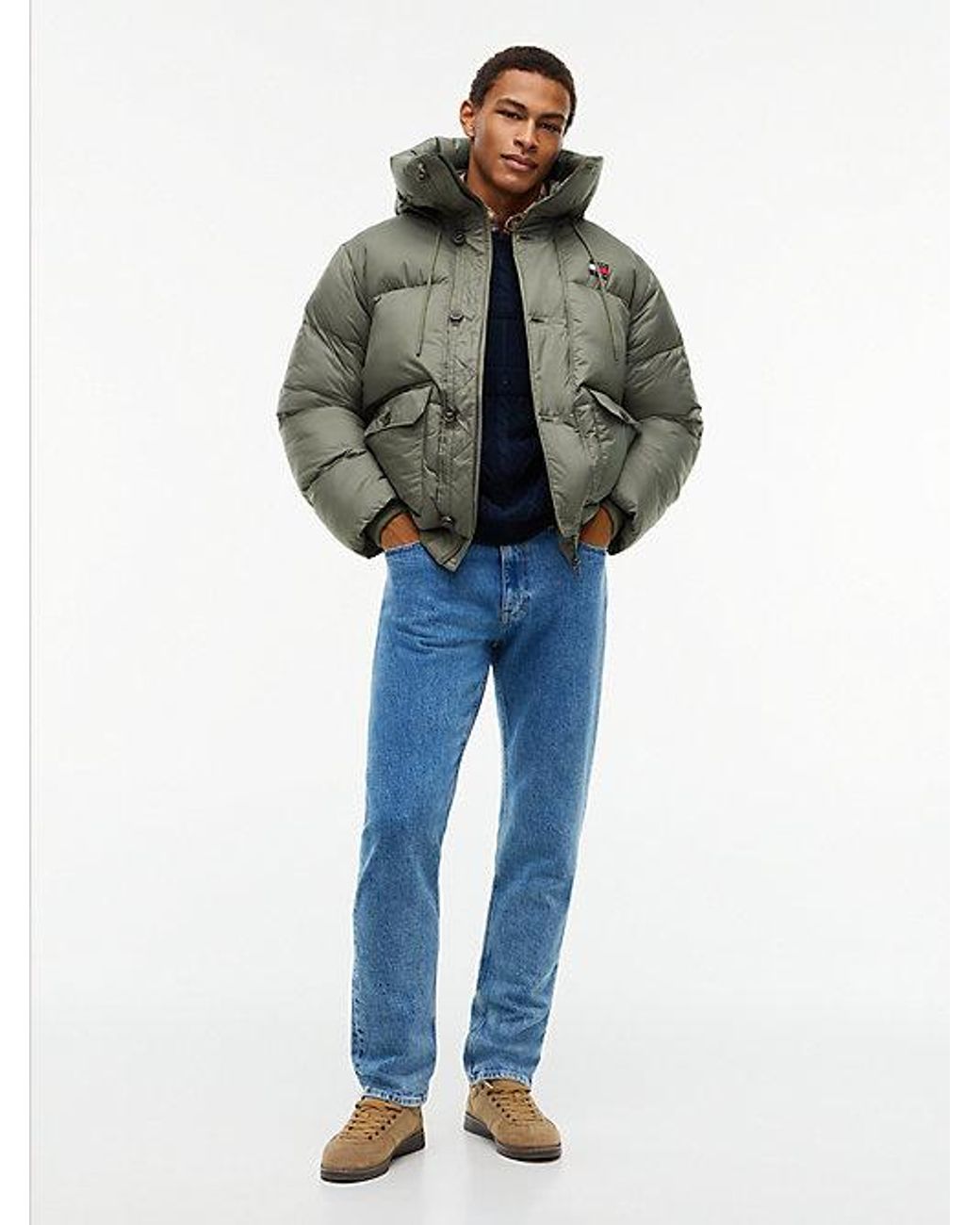 Tommy Hilfiger Gray Tommy Jeans Logo Hooded Relaxed Puffer Jacket for men