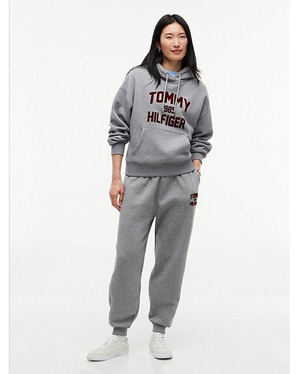 Tommy Hilfiger Gray Flock Varsity Logo Relaxed Fleece Hoody