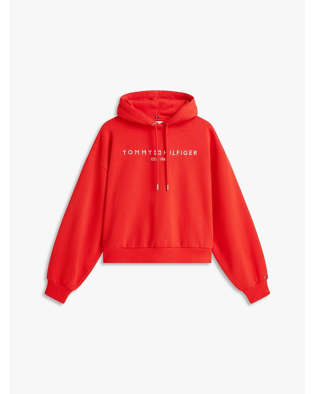 Tommy Hilfiger Red Logo Fleece Relaxed Drawstring Hoody