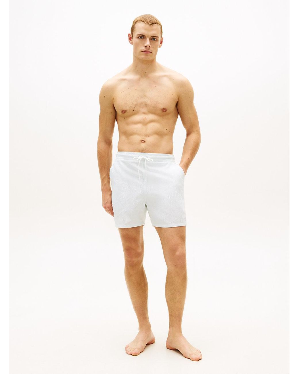 Tommy Hilfiger White Essential Ithaca Stripe Mid Length Swim Shorts for men