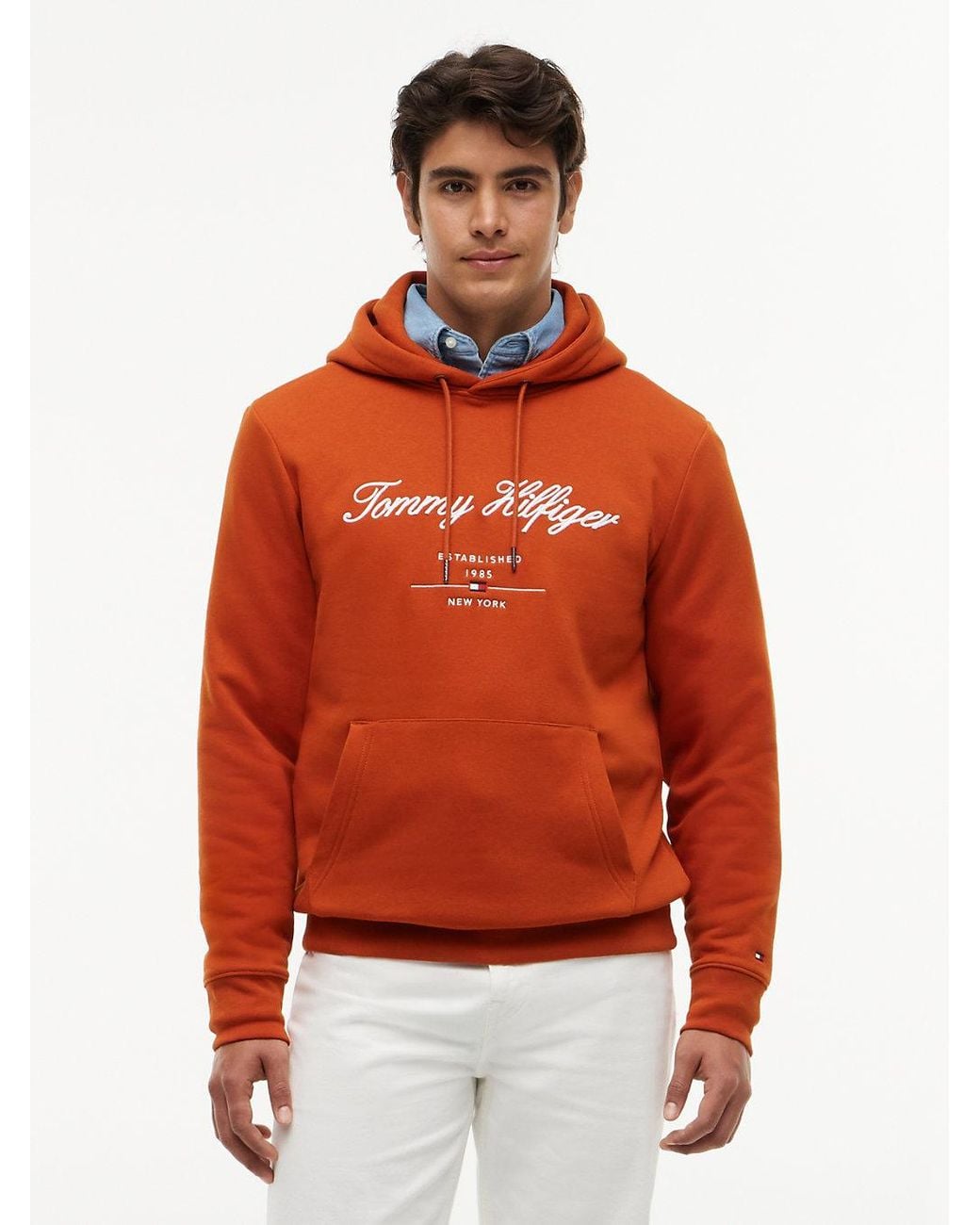Tommy Hilfiger Orange Logo Embroidery Fleece Hoody for men
