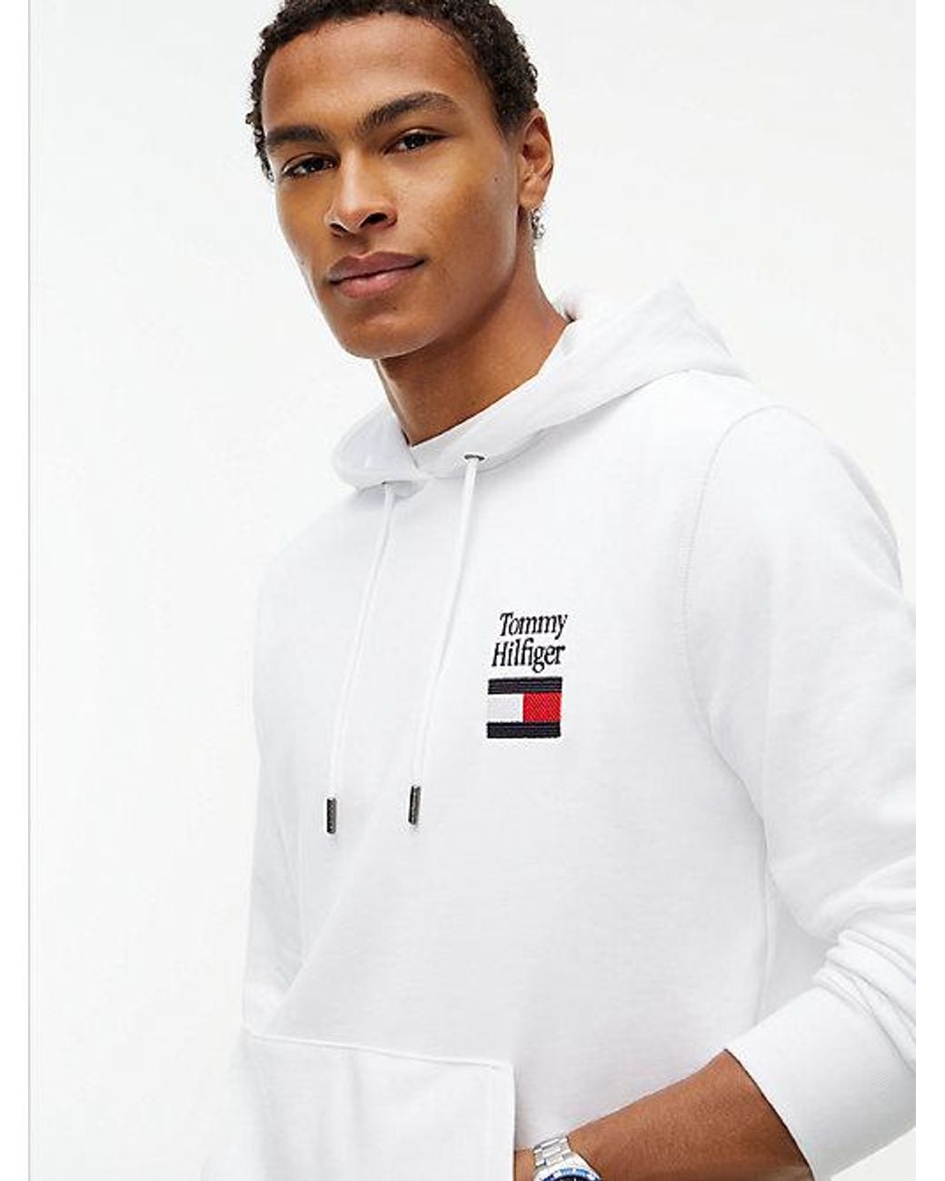 Tommy Hilfiger White Stack Logo Terry Drawstring Hoody for men