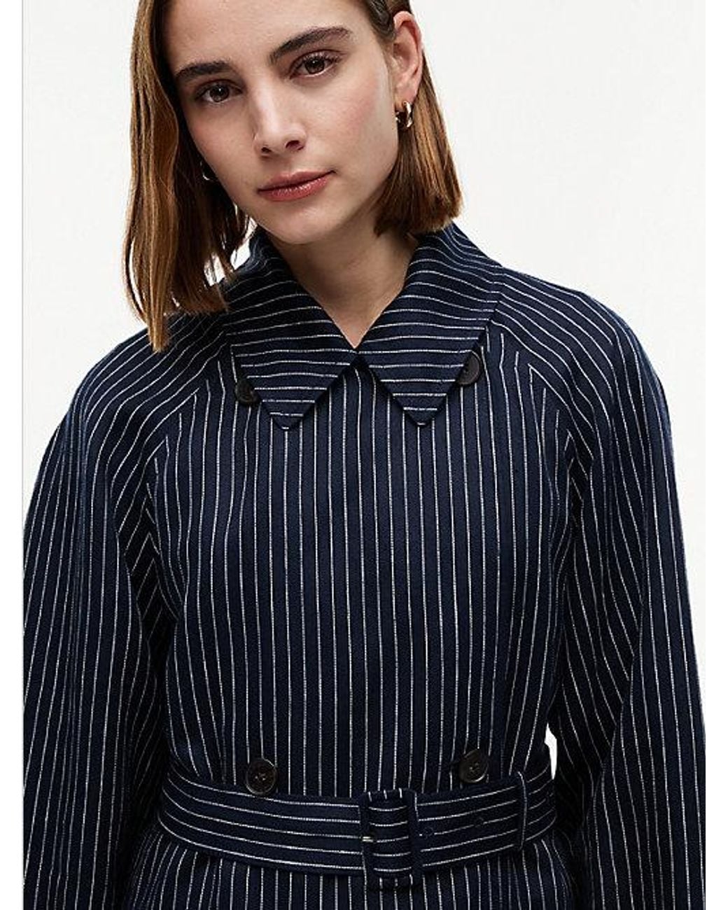 Tommy Hilfiger Blue Pinstripe Trench Coat With Linen