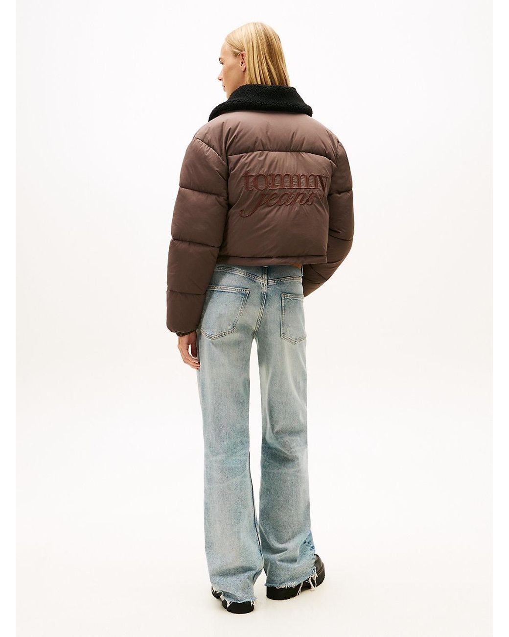 Tommy Hilfiger Red Teddy Collar Crinkle Puffer Jacket