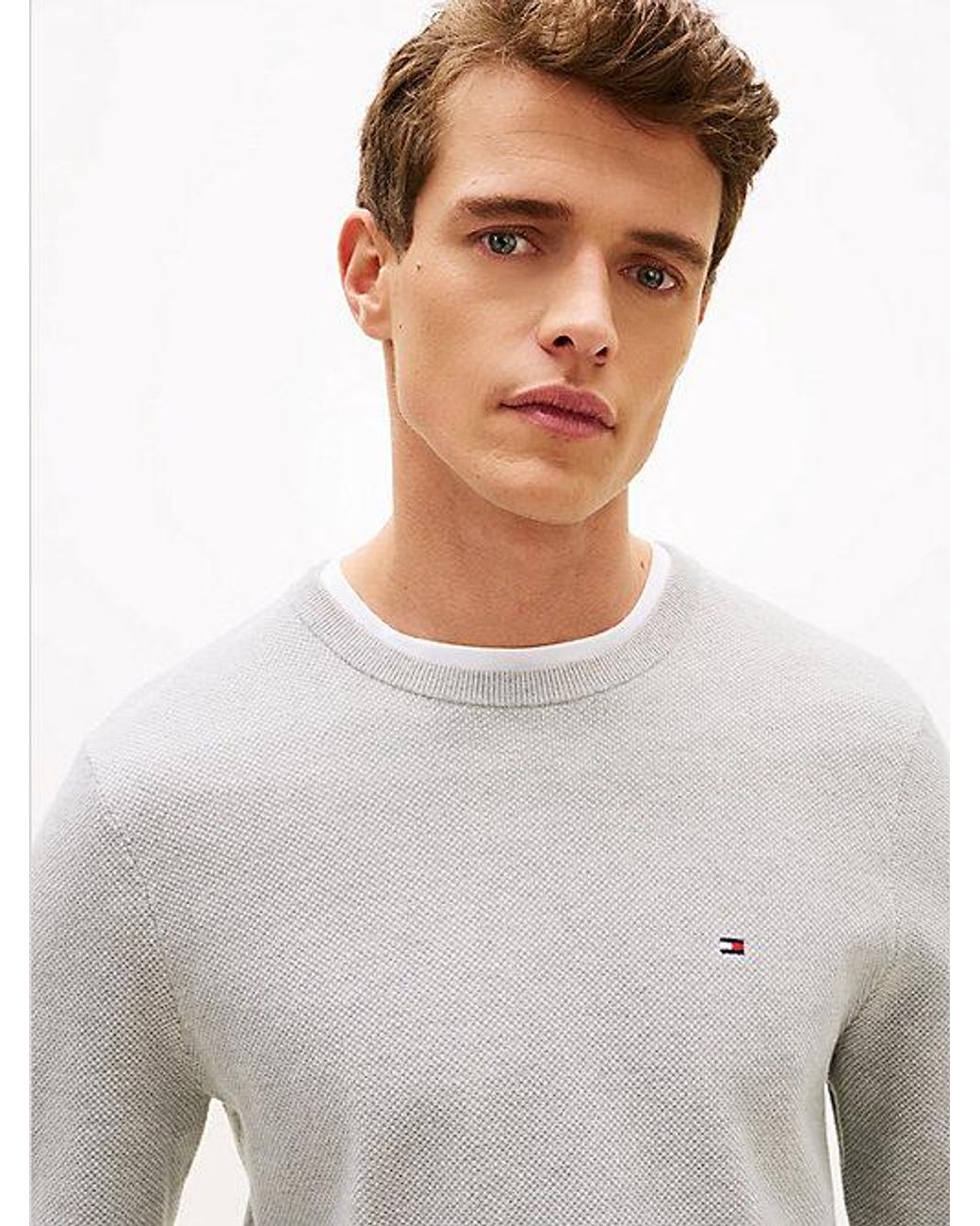 Tommy Hilfiger Gray Flag Embroidery Textured Crew Neck Jumper for men