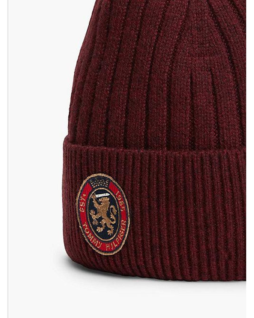 Tommy Hilfiger Red Lambswool Blend Crest Rib Knit Beanie for men