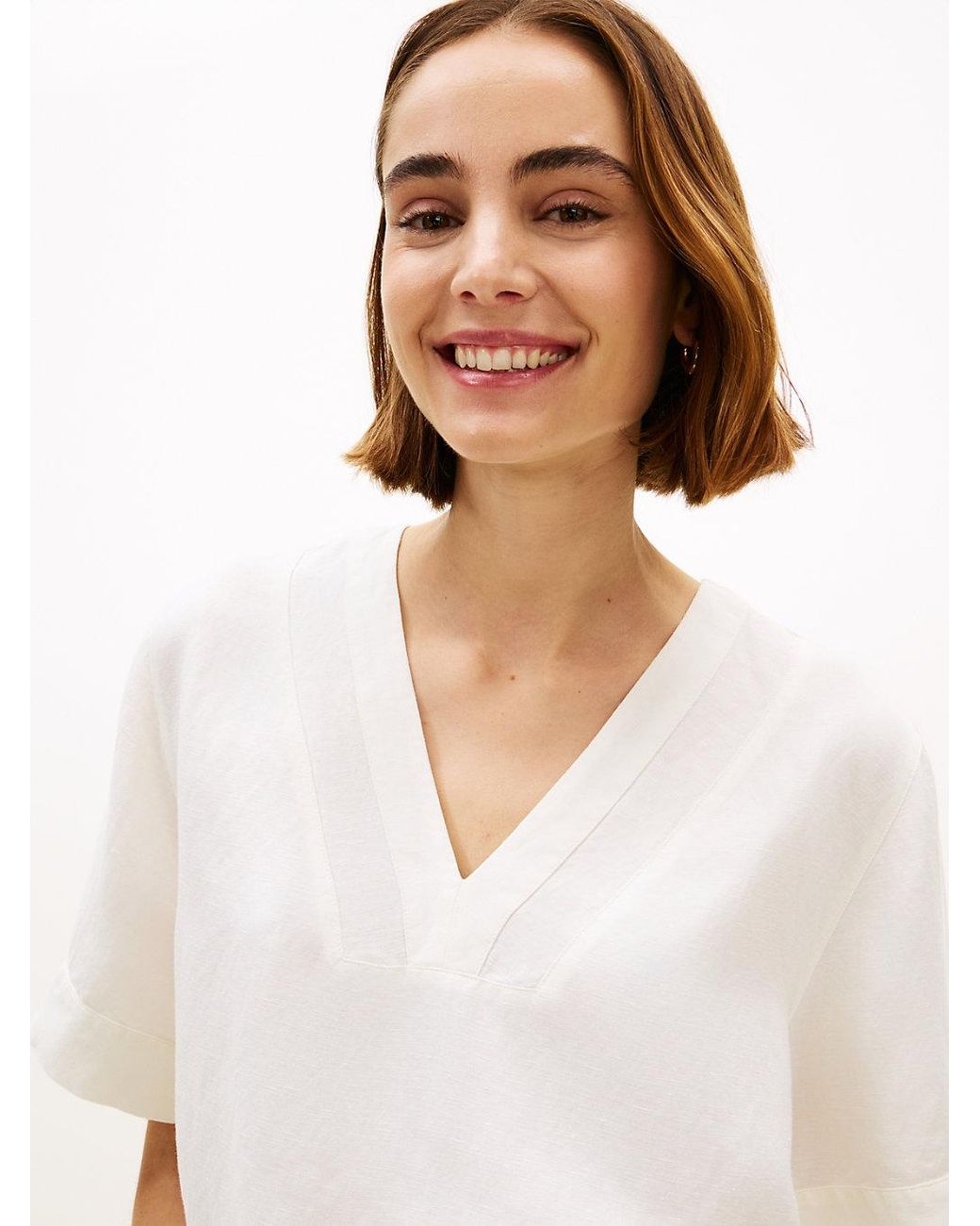 Tommy Hilfiger White Relaxed Fit Linen Blend Short Sleeve Blouse