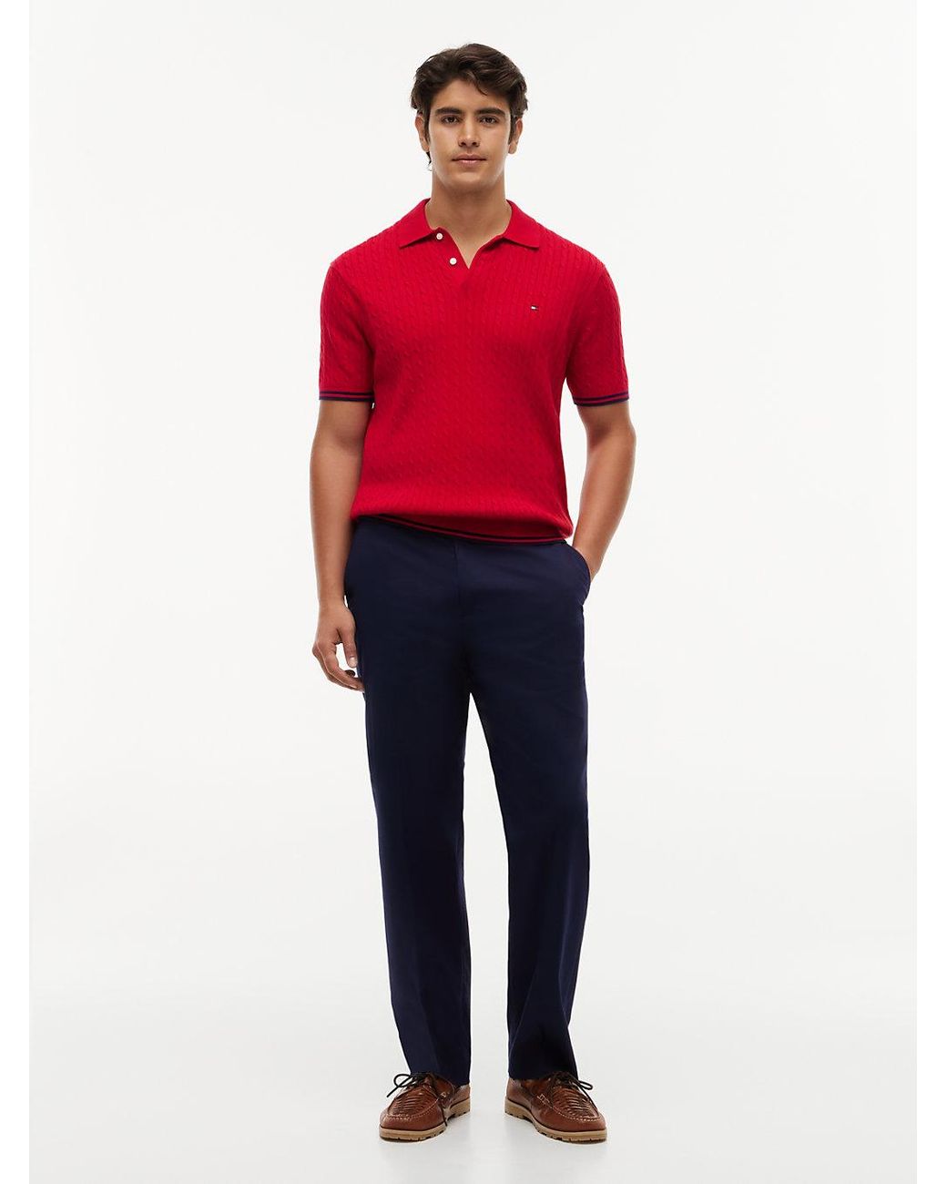 Tommy Hilfiger Red Cable Knit Short Sleeve Polo Jumper for men