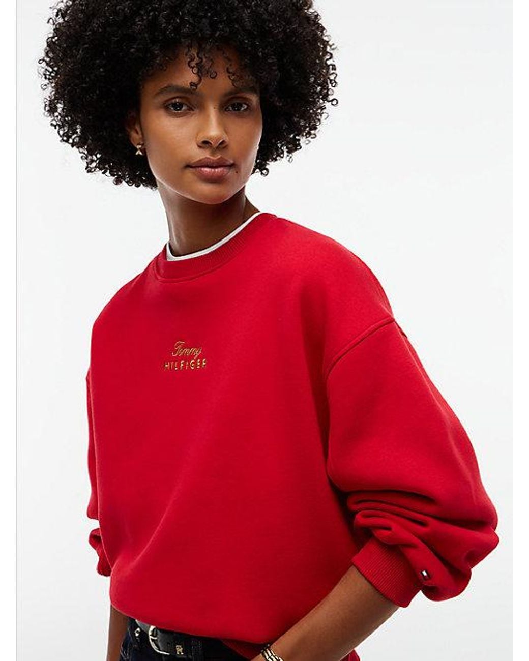 Tommy Hilfiger Red Logo Embroidery Relaxed Fleece Jumper