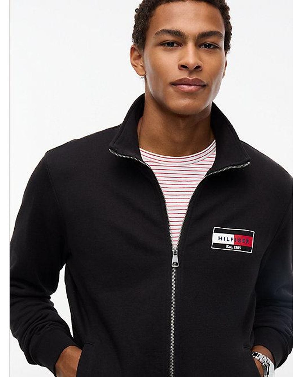 Tommy Hilfiger Black Logo Zip Thru Terry Sweatshirt for men