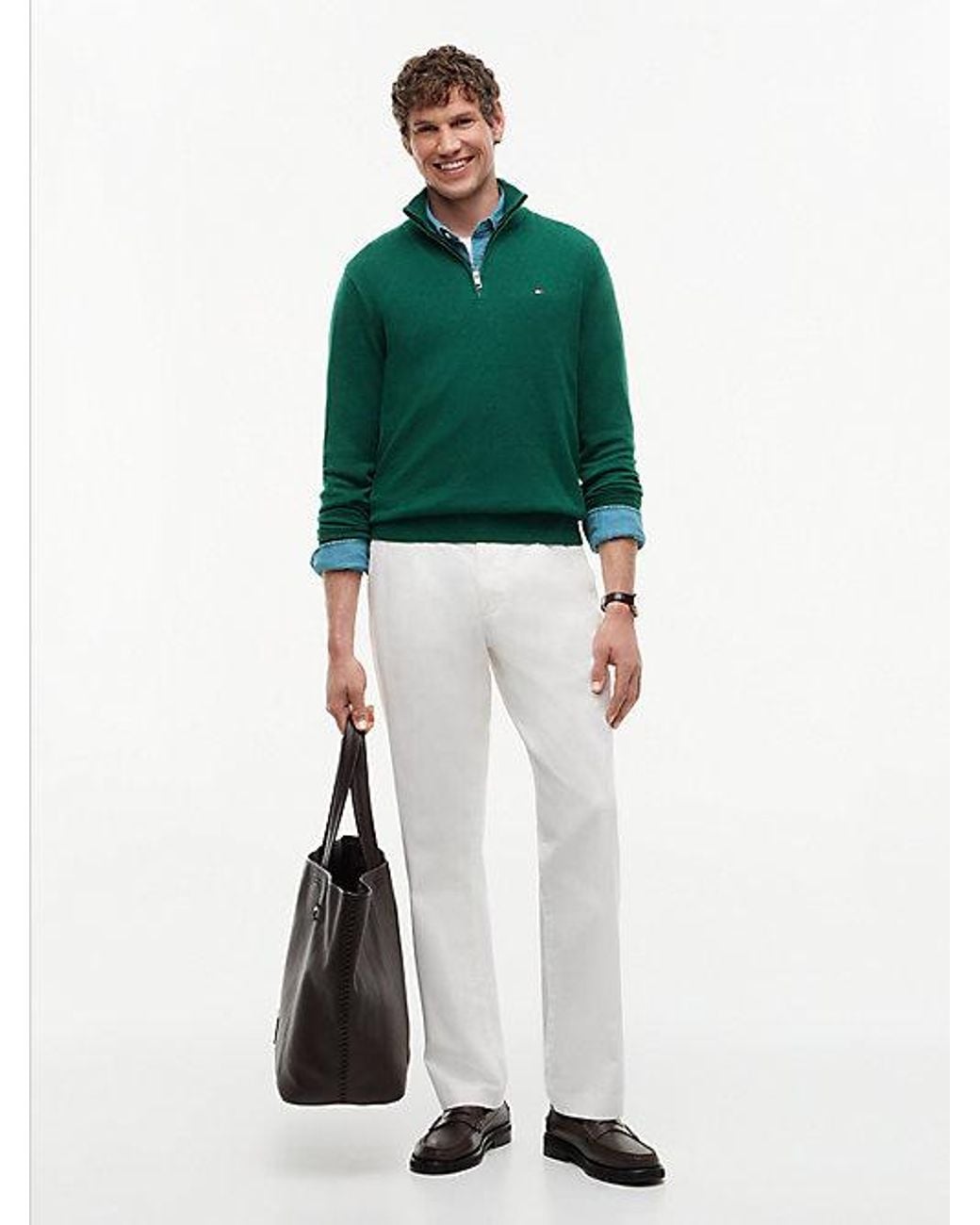 Tommy Hilfiger Green Mock Neck Quarter Zip Jumper With Cashmere for men