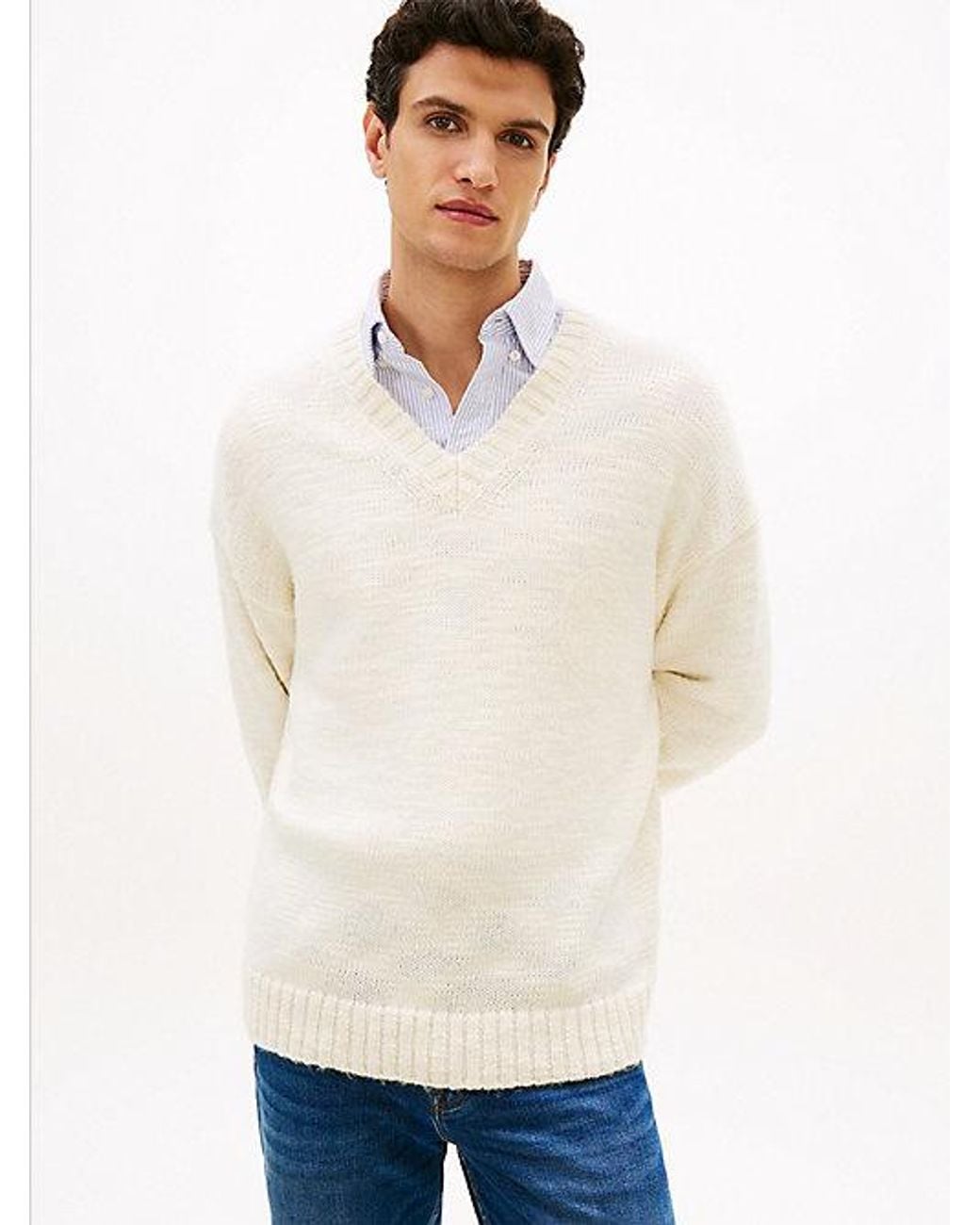 Tommy Hilfiger White Wool Blend V-neck Jumper for men