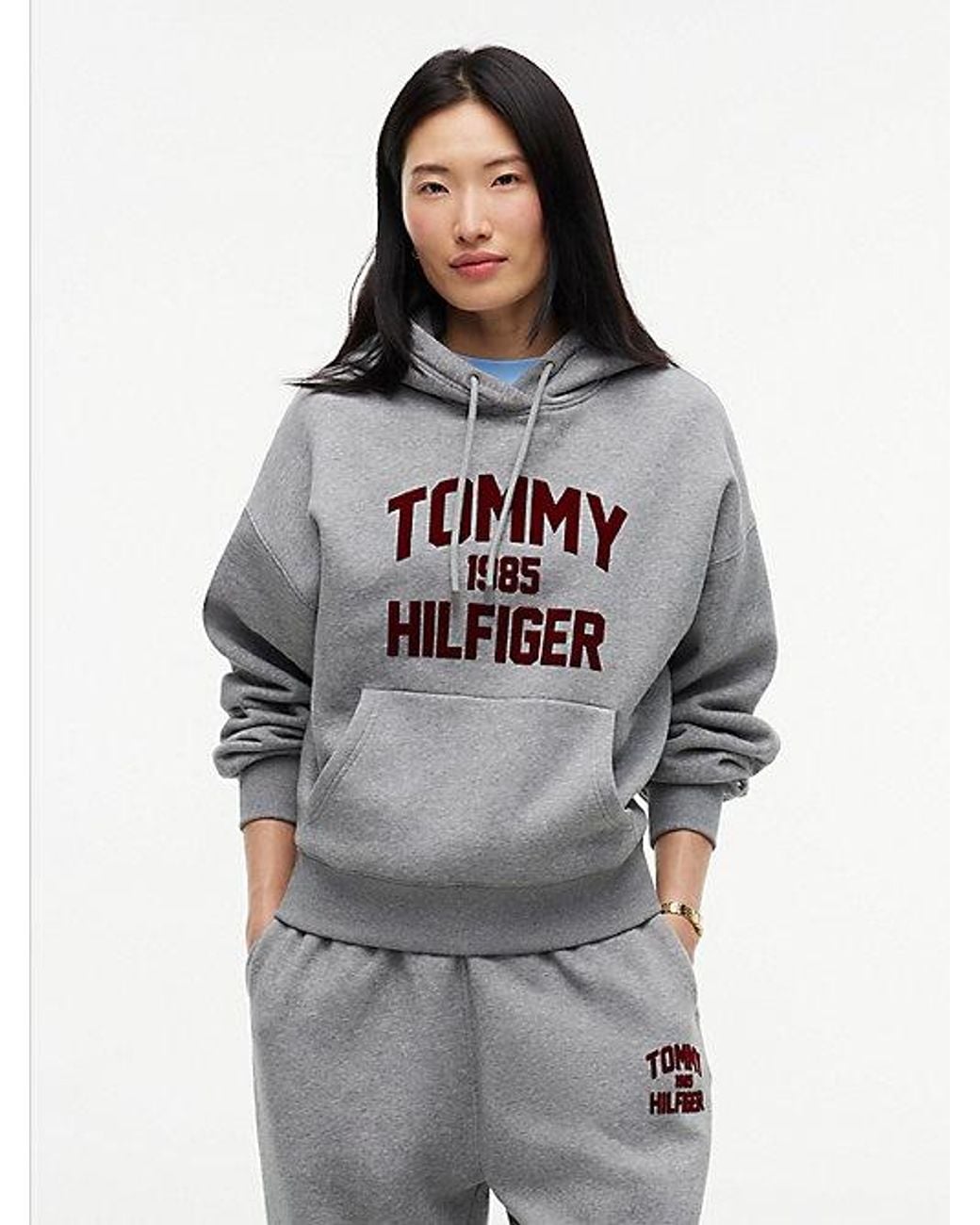 Tommy Hilfiger Gray Flock Varsity Logo Relaxed Fleece Hoody
