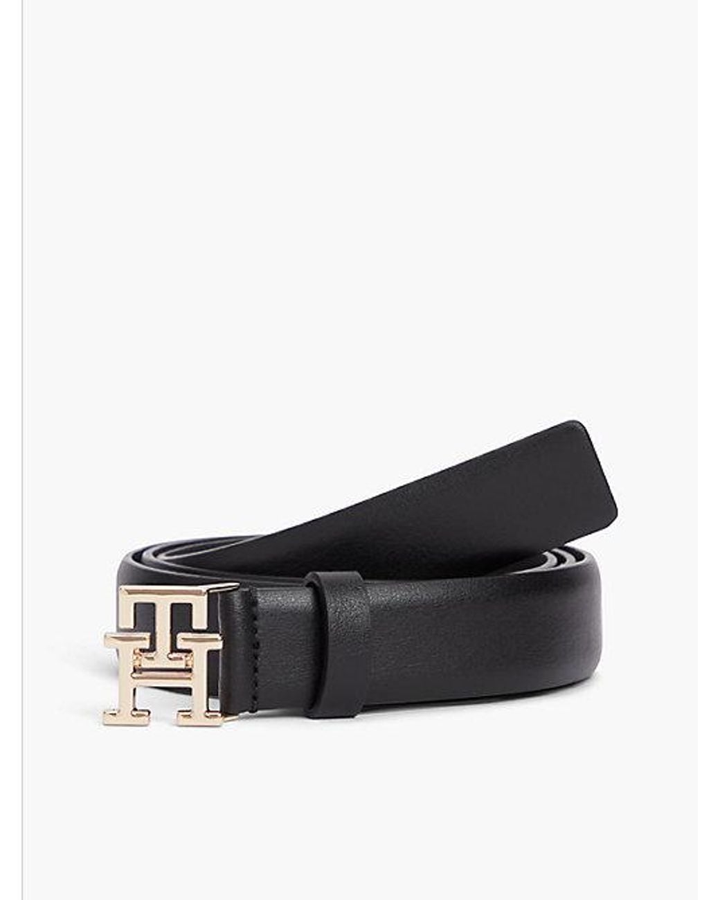 Tommy Hilfiger Black Leather Th Monogram Plaque Buckle Belt