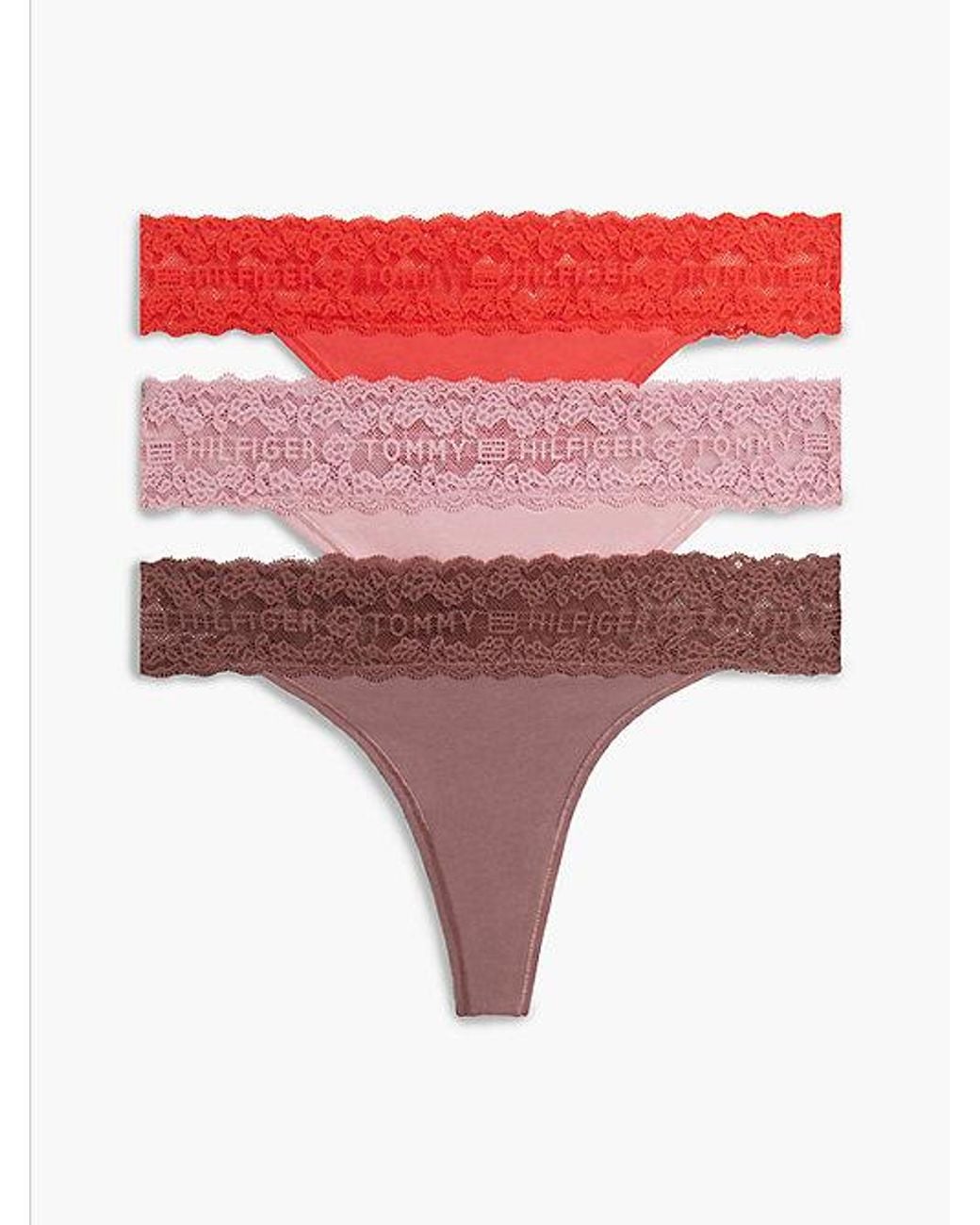Tommy Hilfiger Red 3 Pack Logo Lace Trim Tanga Thongs